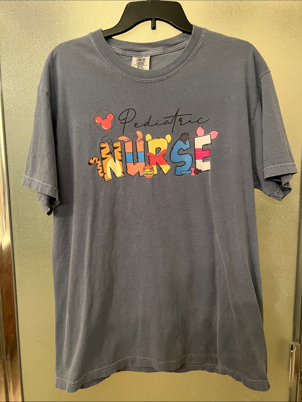 Custom Comfort Colors Denim Pediatric Nurse Graphic Tee - Winnie the Pooh theme